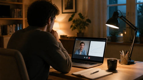 Videosamtal med en kursledare efter workshopen, deltagaren sitter vid sin egen dator