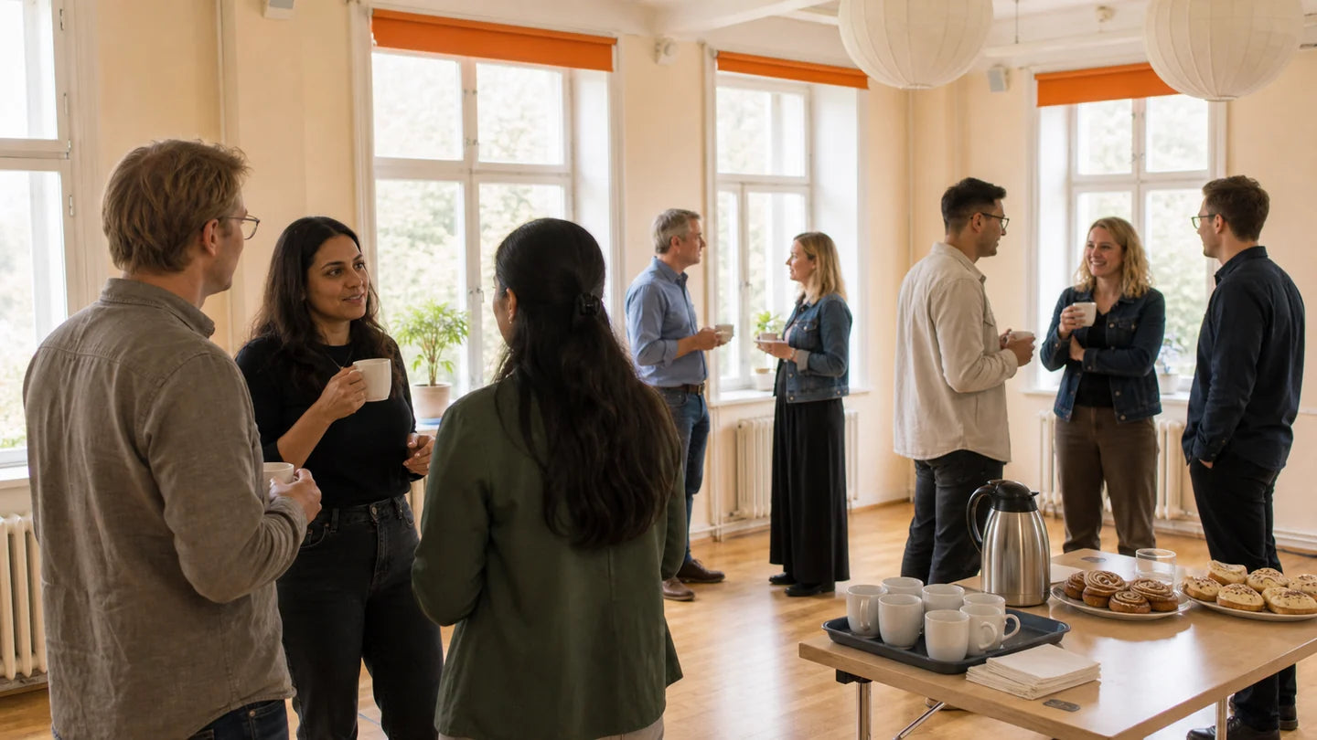 Deltagare under fikapaus med kaffe och kanelbullar vid fönstren i kurslokalen